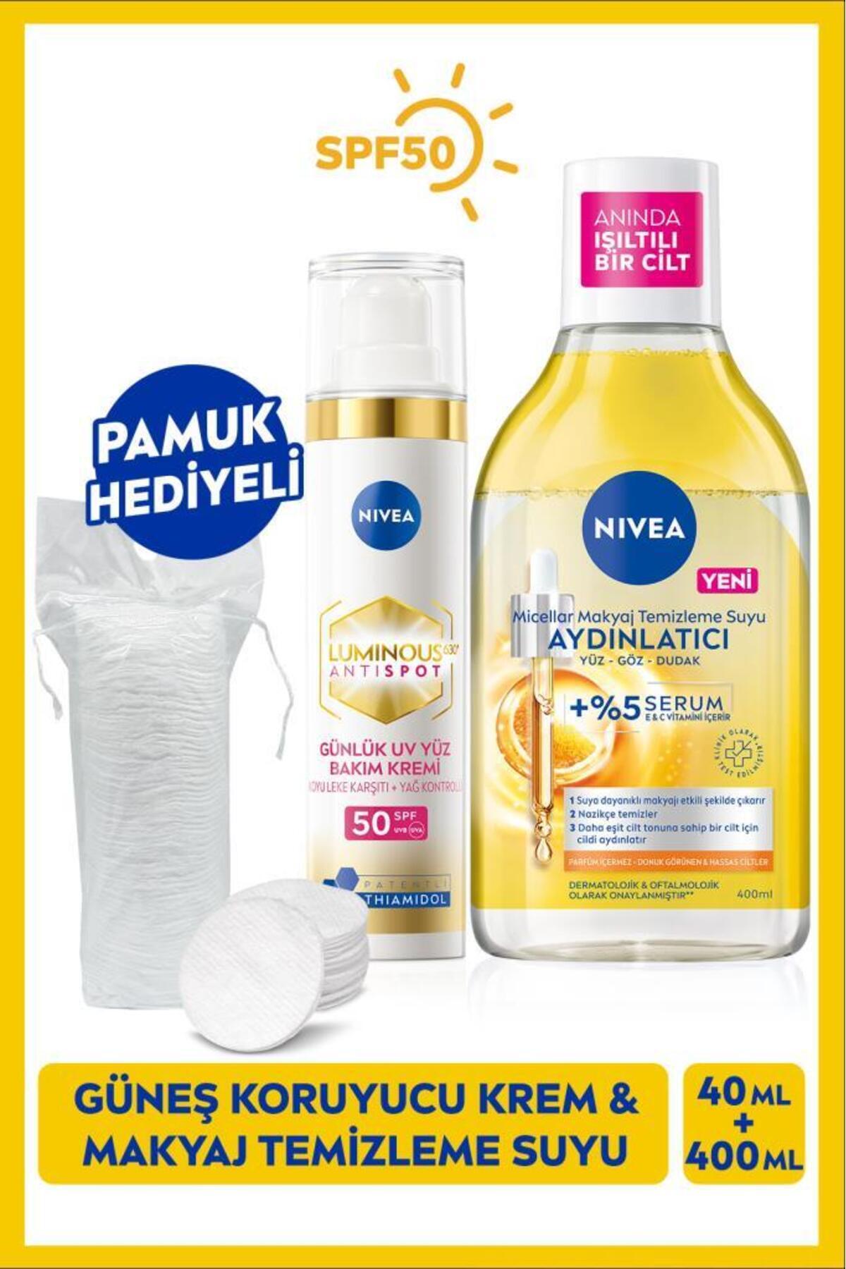 Nivea SPF50 Luminous630 Anti-Blemish Sunscreen Cream and Micellar Make-up Cleansing Water, Cotton Gift