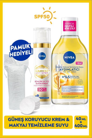 Nivea SPF50 Luminous630 Anti-Blemish Sunscreen Cream and Micellar Make-up Cleansing Water, Cotton Gift
