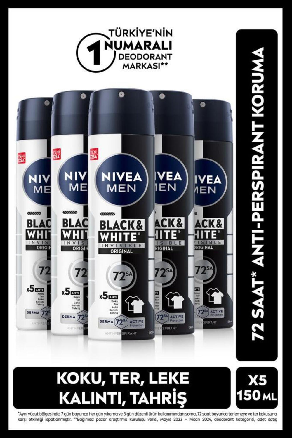 Nivea MEN Men's Spray Deodorant Black & White Invisible Original 150ml, 72 Hours Anti-perspirant, X5 Pieces