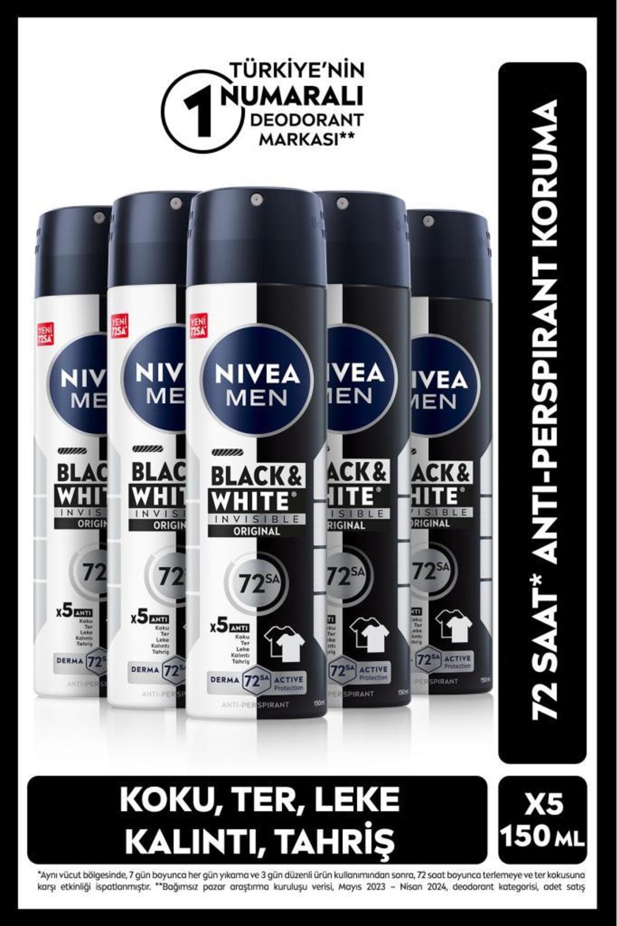 Nivea MEN Men's Spray Deodorant Black & White Invisible Original 150ml, 72 Hours Anti-perspirant, X5 Pieces