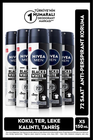 Nivea MEN Men's Spray Deodorant Black & White Invisible Original 150ml, 72 Hours Anti-perspirant, X5 Pieces