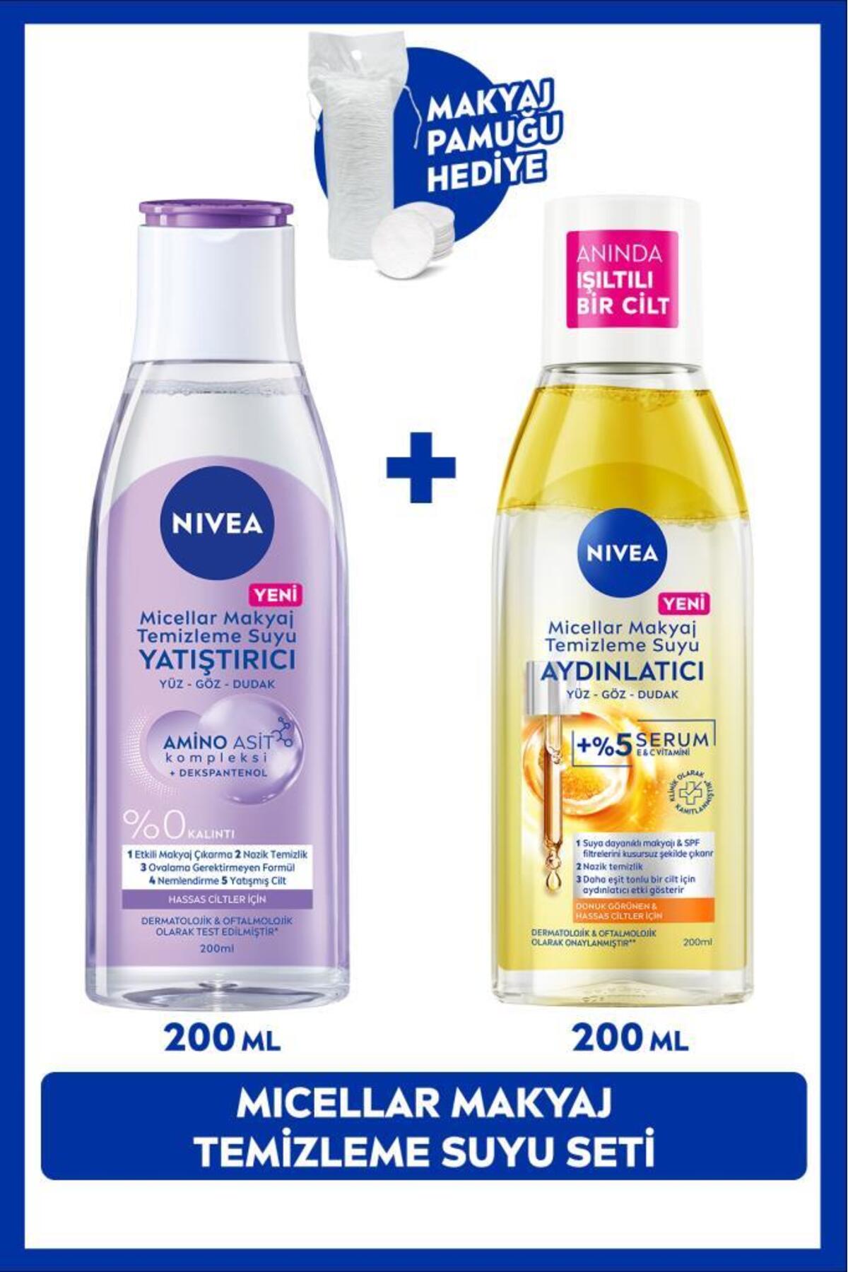 Nivea Brightening and Soothing Micellar Makeup Cleansing Water Set 200ml+200ml Cotton Gift, Sensitive Skin