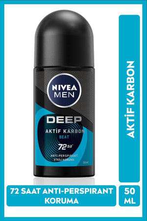 Nivea MEN Men's Roll-on Deodorant Deep Dimension Activated Carbon Beat, 72 Hours Anti-perspirant Sweat Protection