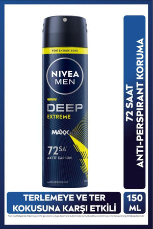 Nivea MEN Men's Spray Deodorant Deep Extreme 150ml, 72 Hours Anti-perspirant Sweat Protection, Energetic Fragrance