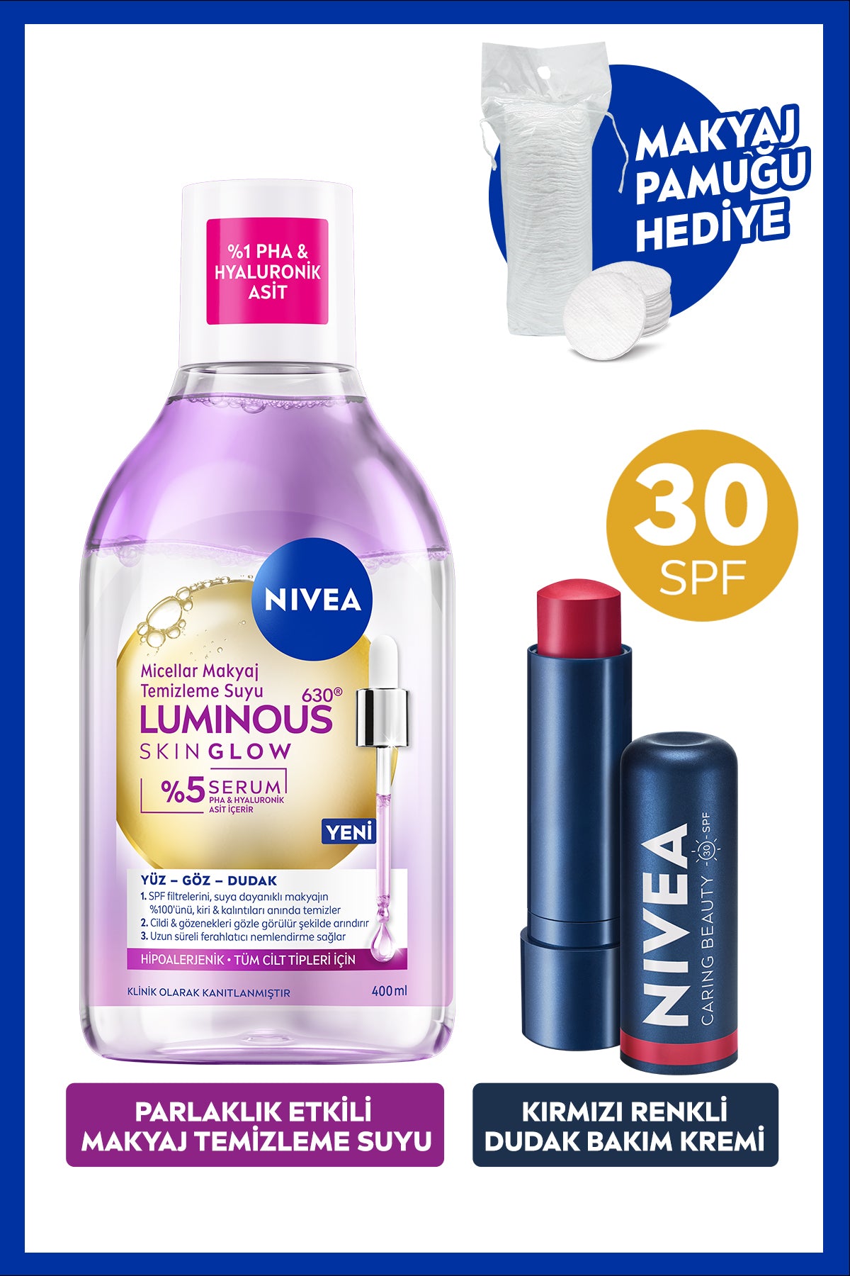 Nivea Skin Glow Shine Effect Micellar Makeup Cleansing Water and Red Colored Lip Care Cream, Cotton