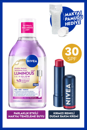 Nivea Skin Glow Shine Effect Micellar Makeup Cleansing Water and Red Colored Lip Care Cream, Cotton
