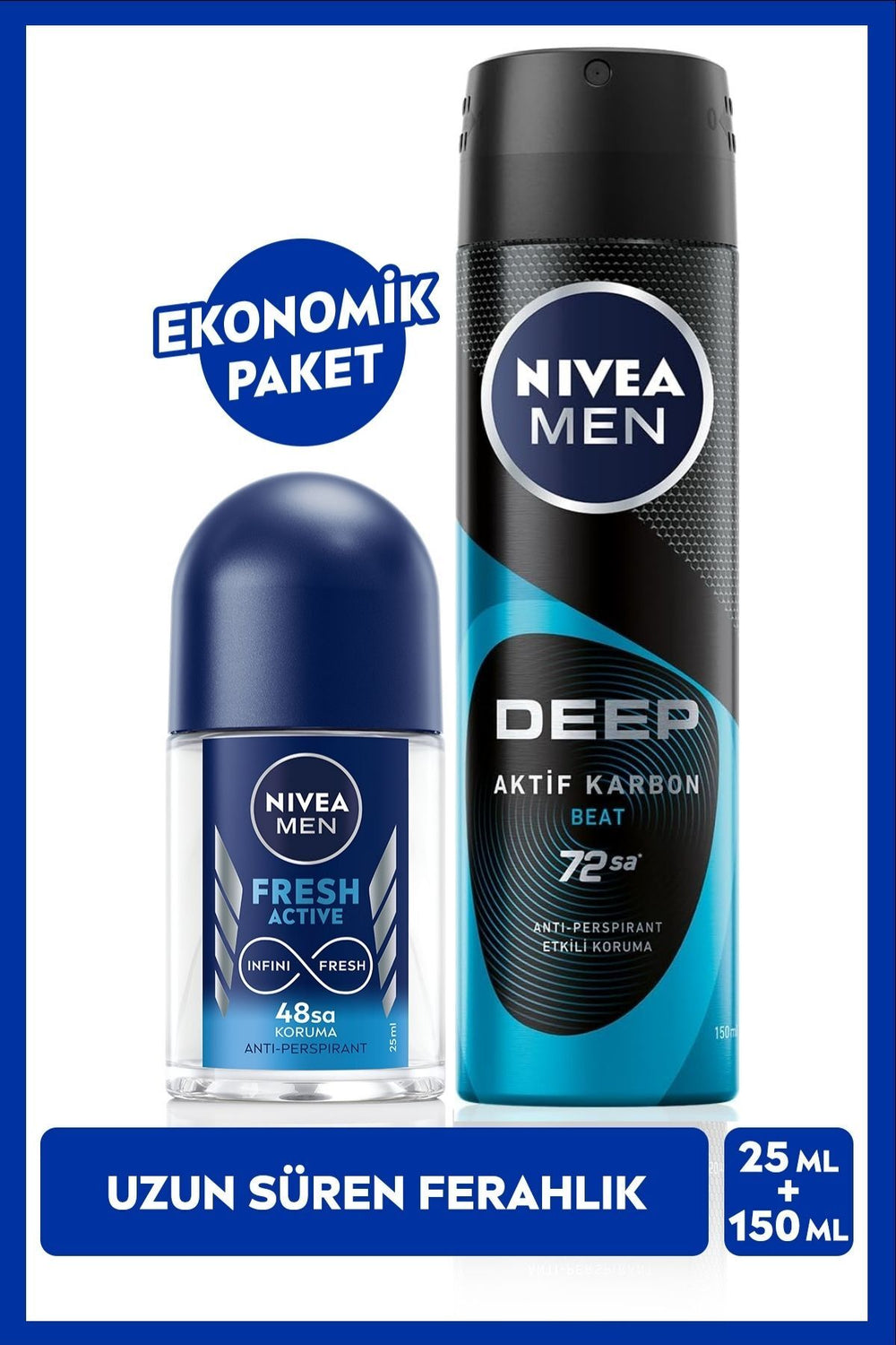 Nivea MEN Men's Spray Deodorant Deep Active Carbon 150ml and Fresh Active Mini Roll-on 25ml, Anti-perspirant