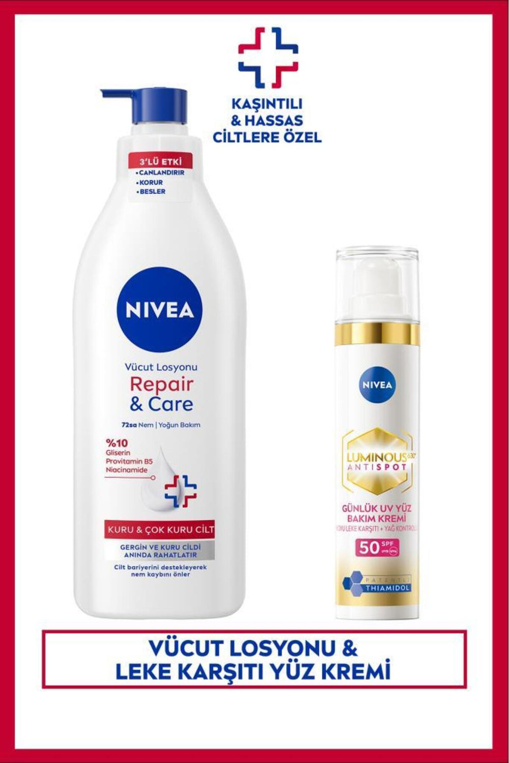 Nivea Repair&Care Moisturizing Body Lotion 400ml and SPF50 Luminous630 Anti-Blemish Day Face Cream 40ml