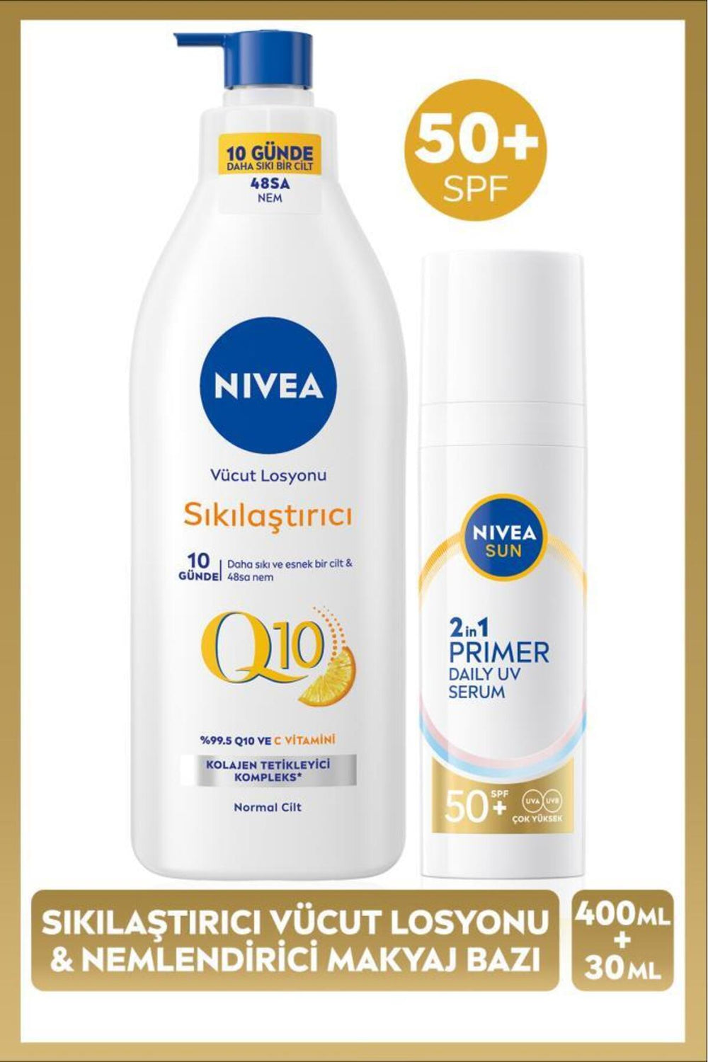 Nivea SUN SPF50 Sunscreen Moisturizing Primer Makeup Base 30ml and Q10 Firming Body Lotion400ml