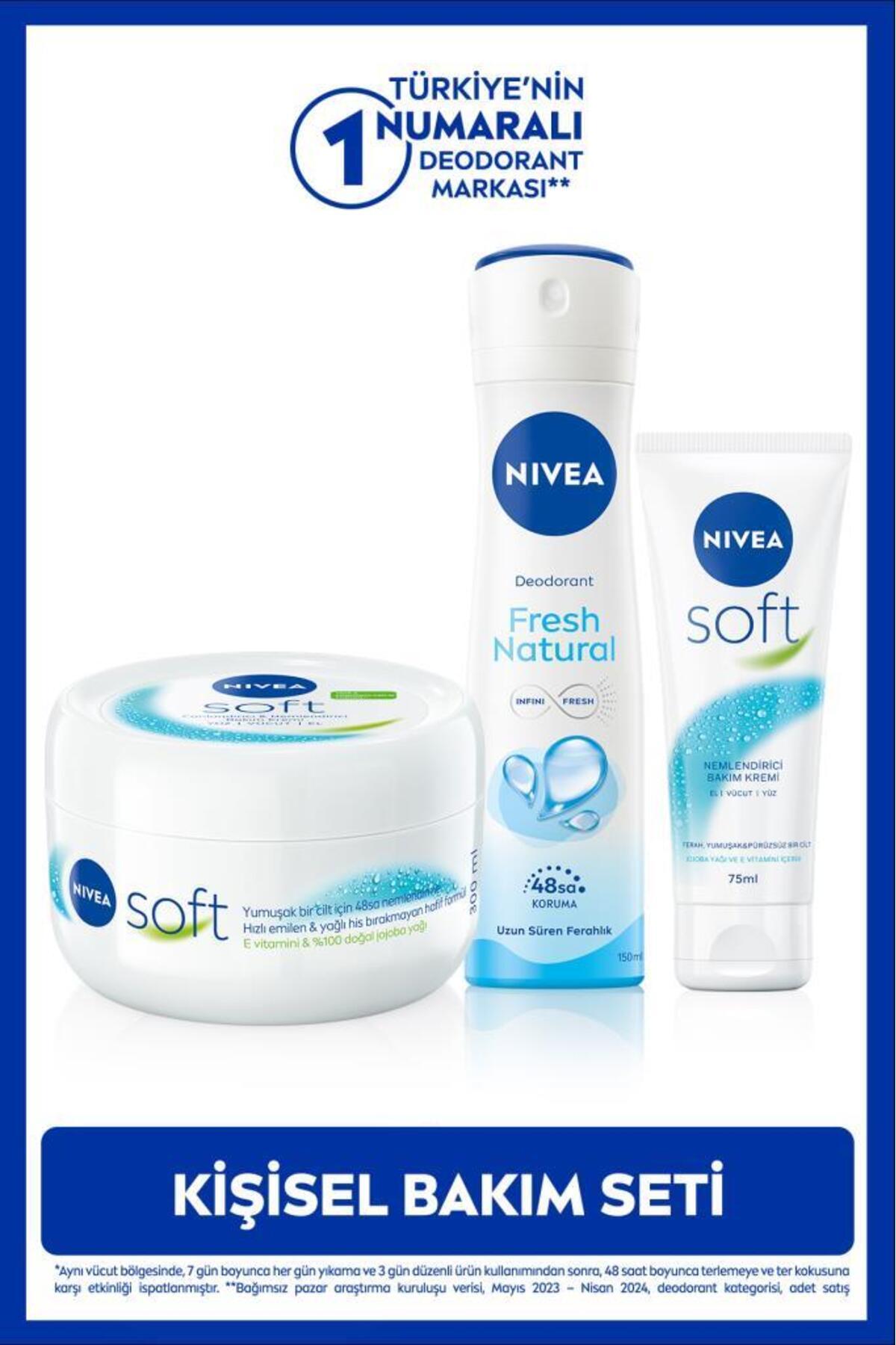 Nivea Women's Spray Deodorant Fresh Natural 150ml, Moisturizing Soft Hand Care Cream 75ml, Body Cream 300ml