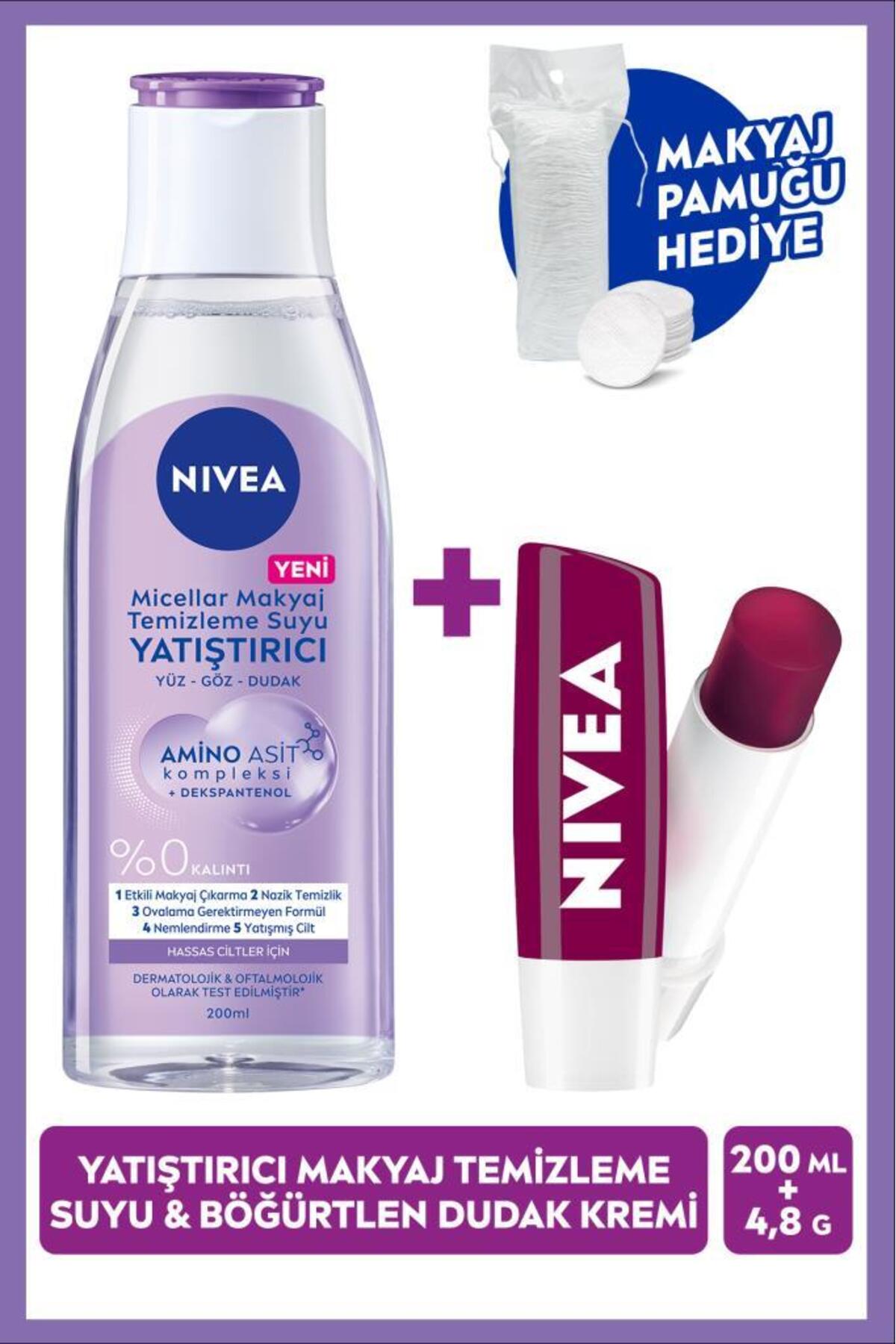 Nivea Soothing Micellar Make-up Cleansing Water 200ml and Blackberry Moisturizing Lip Balm, Cotton Gift