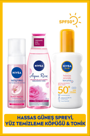 Nivea Sun Instant Sunscreen Body Spray Spf50 200ml, Facial Cleansing Foam, Tonic 200ml, Sensitive Skin