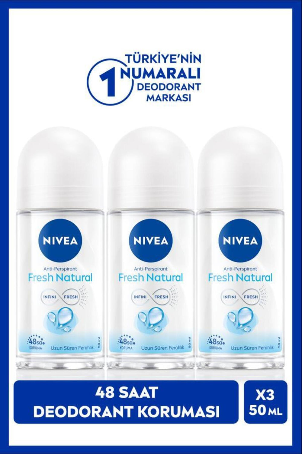 Nivea Women's Roll-on Deodorant Fresh Natural 50ml, 48 Hours Protection, X3 Pieces