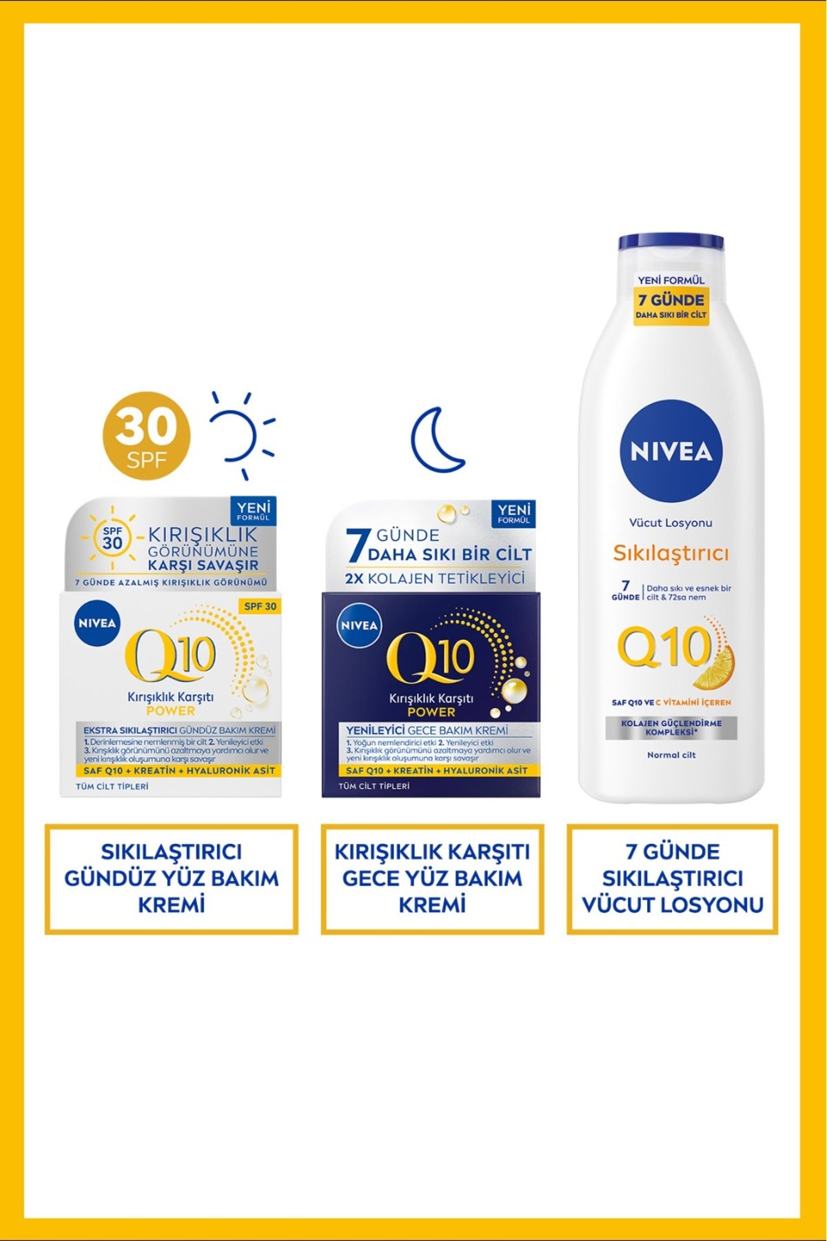 Nivea Q10 Care Set, SPF30 Sunscreen Day Face Care Cream, Night Cream and Body Lotion 250ml