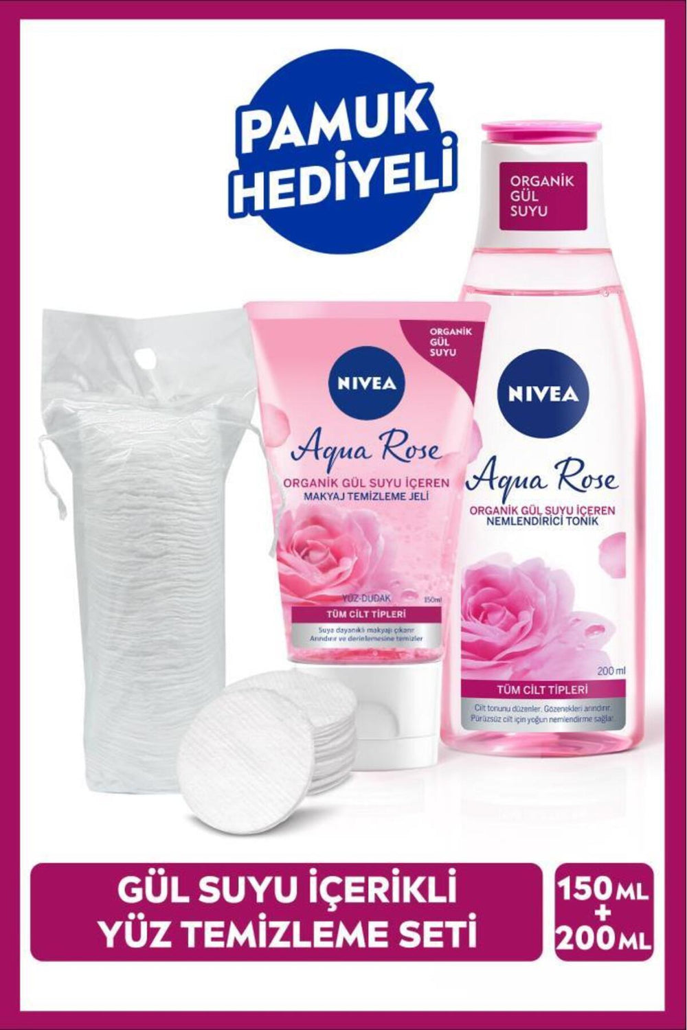 Nivea Aqua Rose Organic Rose Water Make-up Remover Gel 150ml and Moisturizing Tonic 200ml, with Cotton Gift