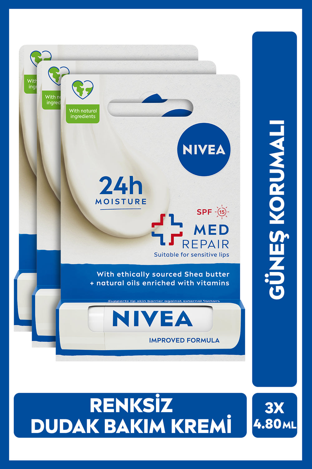 Nivea Colorless Lip Care Cream Med Repair 4.8gr, 24 Hour Moisture, Sunscreen, SPF15, X3 Pieces