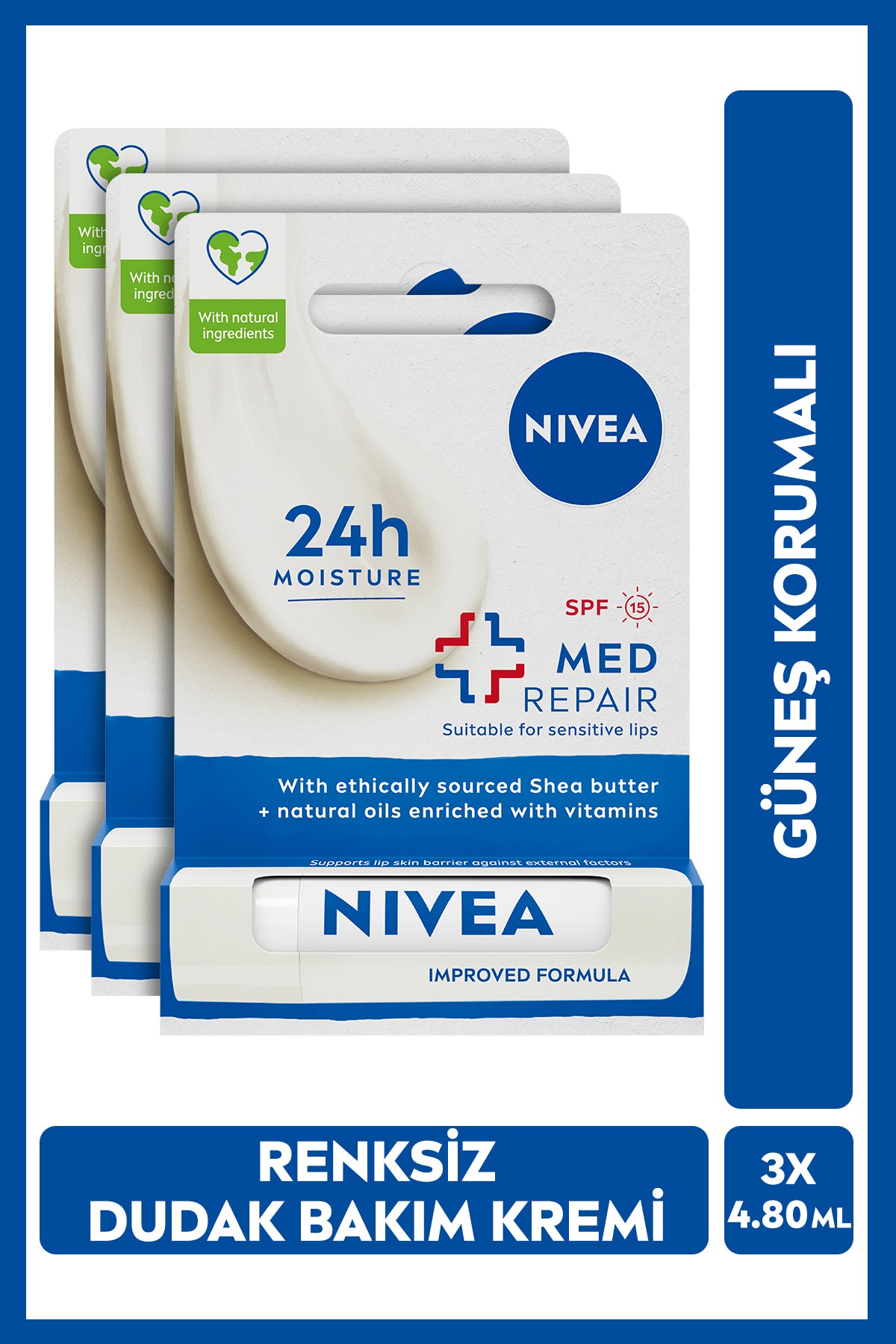 Nivea Colorless Lip Care Cream Med Repair 4.8gr, 24 Hour Moisture, Sunscreen, SPF15, X3 Pieces