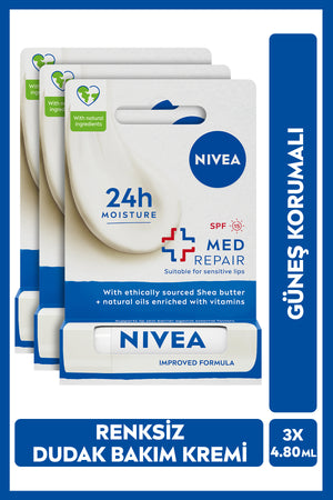 Nivea Colorless Lip Care Cream Med Repair 4.8gr, 24 Hour Moisture, Sunscreen, SPF15, X3 Pieces