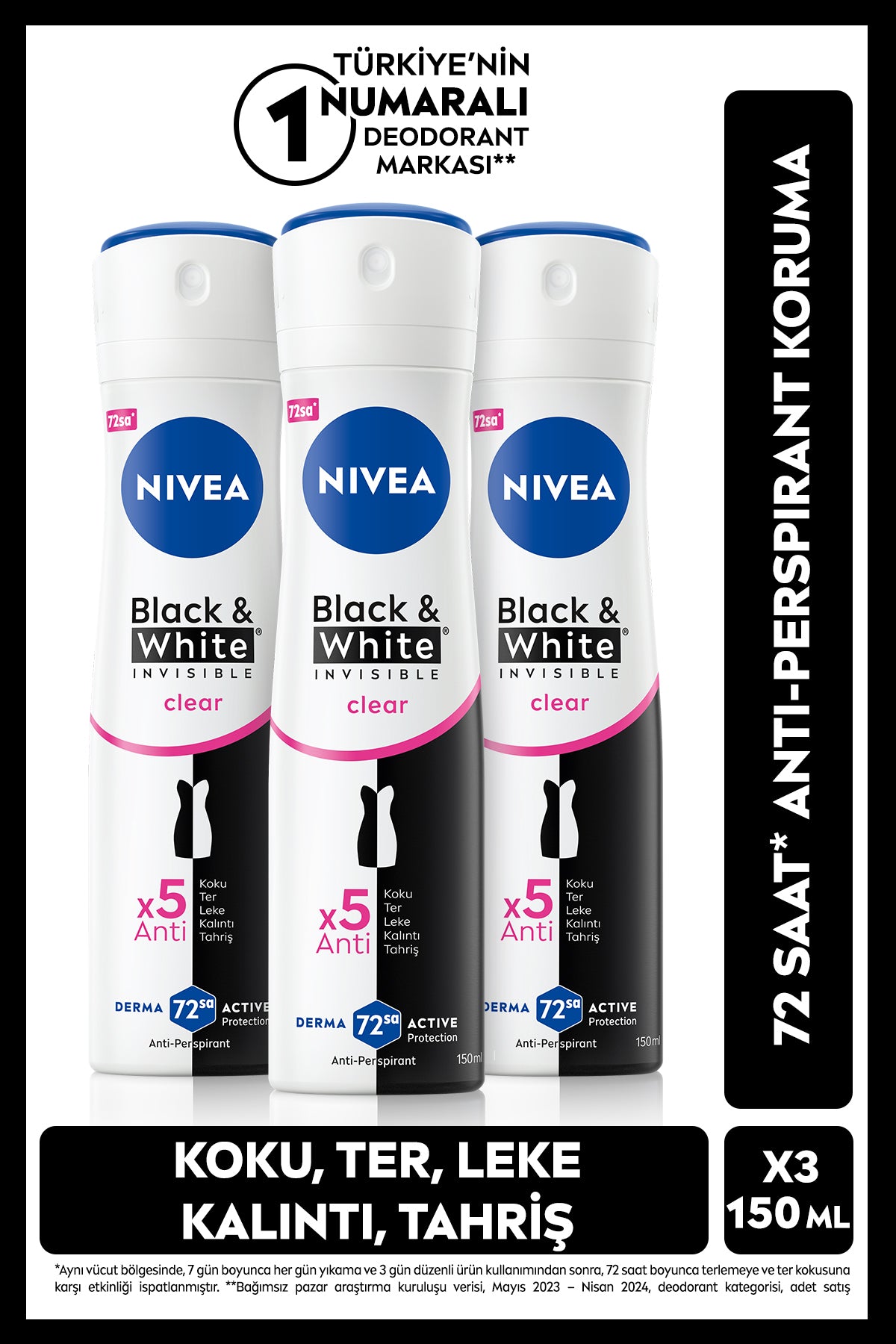 Nivea Women's Spray Deodorant Black&White Invisible Clear 150ml, 72 Hours Sweat Protection, Floral Fragrance, X3 Pieces