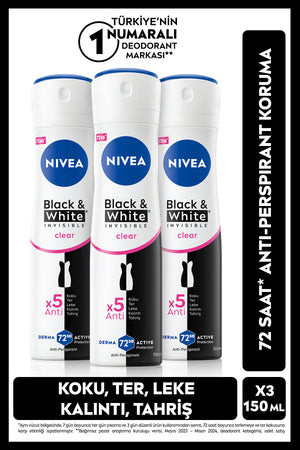 Nivea Women's Spray Deodorant Black&White Invisible Clear 150ml, 72 Hours Sweat Protection, Floral Fragrance, X3 Pieces