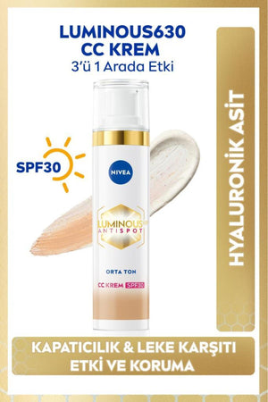 Nivea Luminous630 Anti-Dark Spot CC Face Cream 40ml, SPF30 Sunscreen, Hyaluronic Acid, Mid Tone