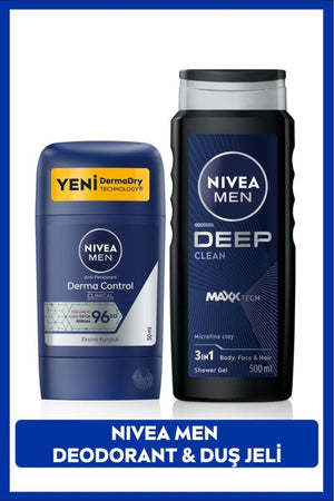 Nivea Men's Bath and Shower Gel Deep Dimension 500ml and Stick Deodorant Derma Control Clinical 50m