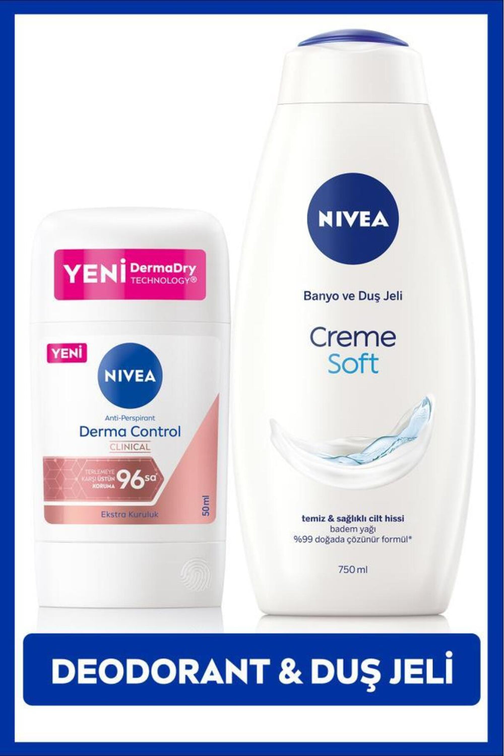 Nivea Creme Soft Shower Gel 750ml and Stick Deodorant Derma Control Clinical 50ml, 96 Hours Anti-perspirant