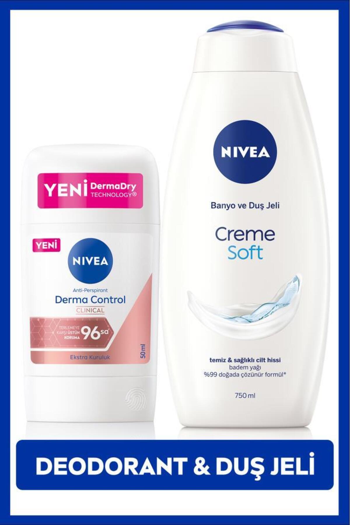 Nivea Creme Soft Shower Gel 750ml and Stick Deodorant Derma Control Clinical 50ml, 96 Hours Anti-perspirant