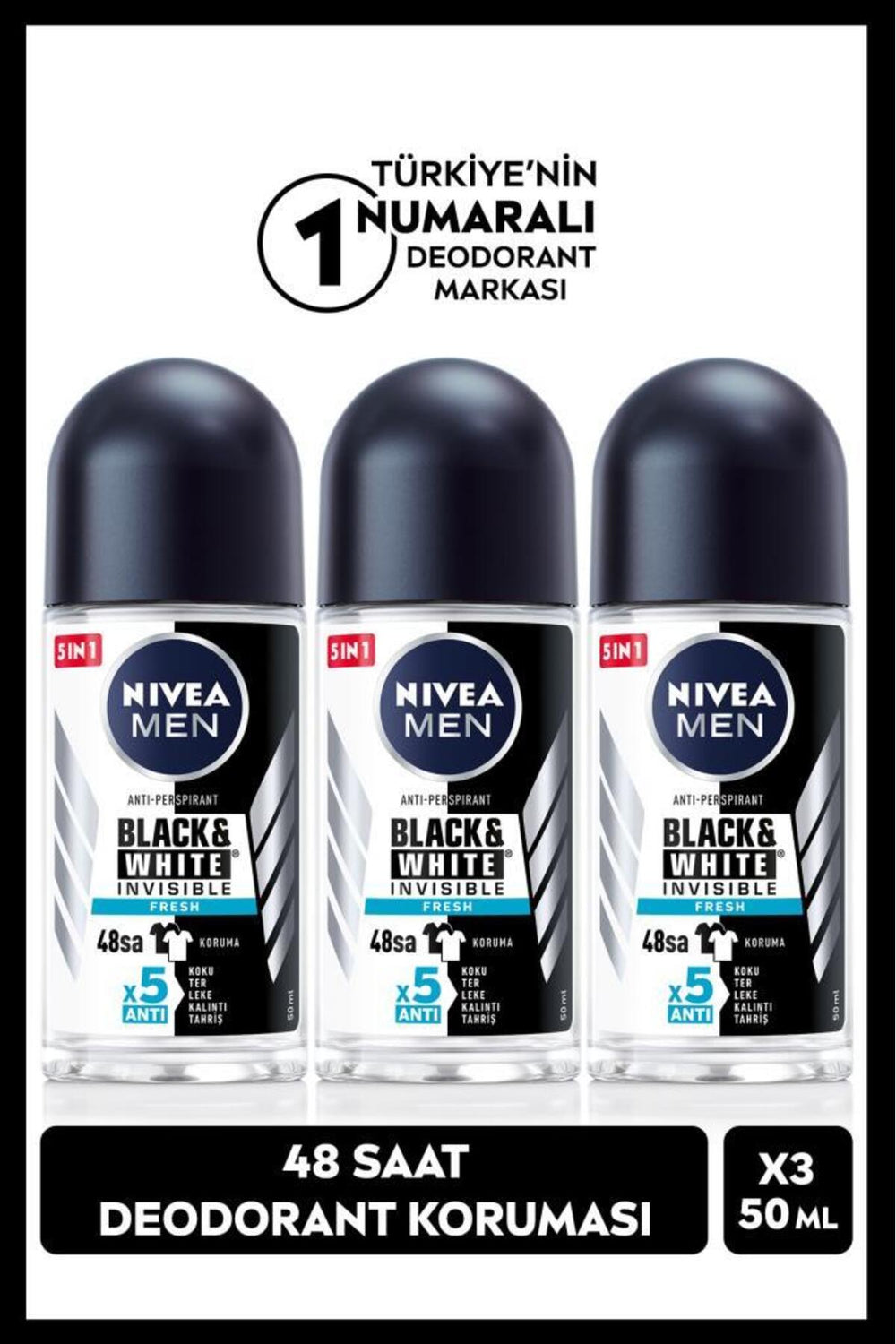 Nivea Men's Roll-on Deodorant Black&white Fresh 50ml, 48 Hours Protection, X3 Pieces