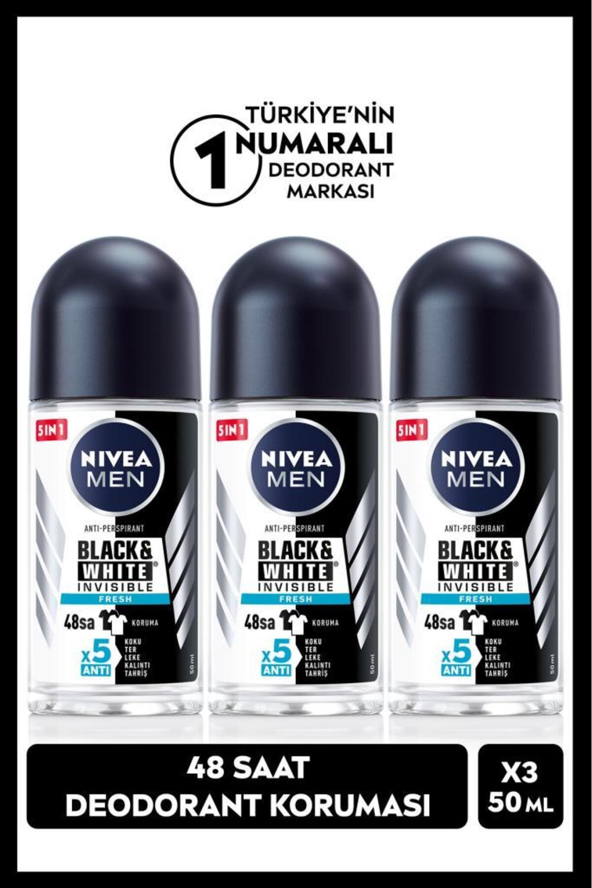 Nivea Men's Roll-on Deodorant Black&white Fresh 50ml, 48 Hours Protection, X3 Pieces