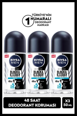 Nivea Men's Roll-on Deodorant Black&white Fresh 50ml, 48 Hours Protection, X3 Pieces