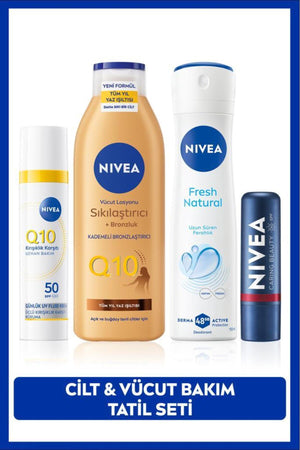 Nivea Q10 SPF50 Day Face Cream 40ml, Firming Tan Lotion 250ml, Red Lip Balm and Deodorant
