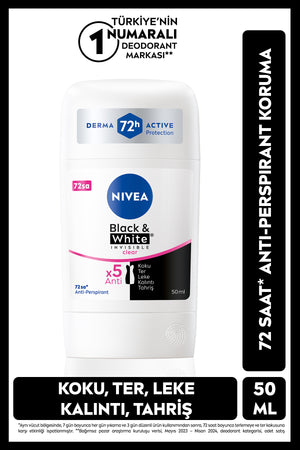Nivea Women's Stick Deodorant Black&white Invisible Clear 50ml, 72 Hours Anti-perspirant Sweat Protection