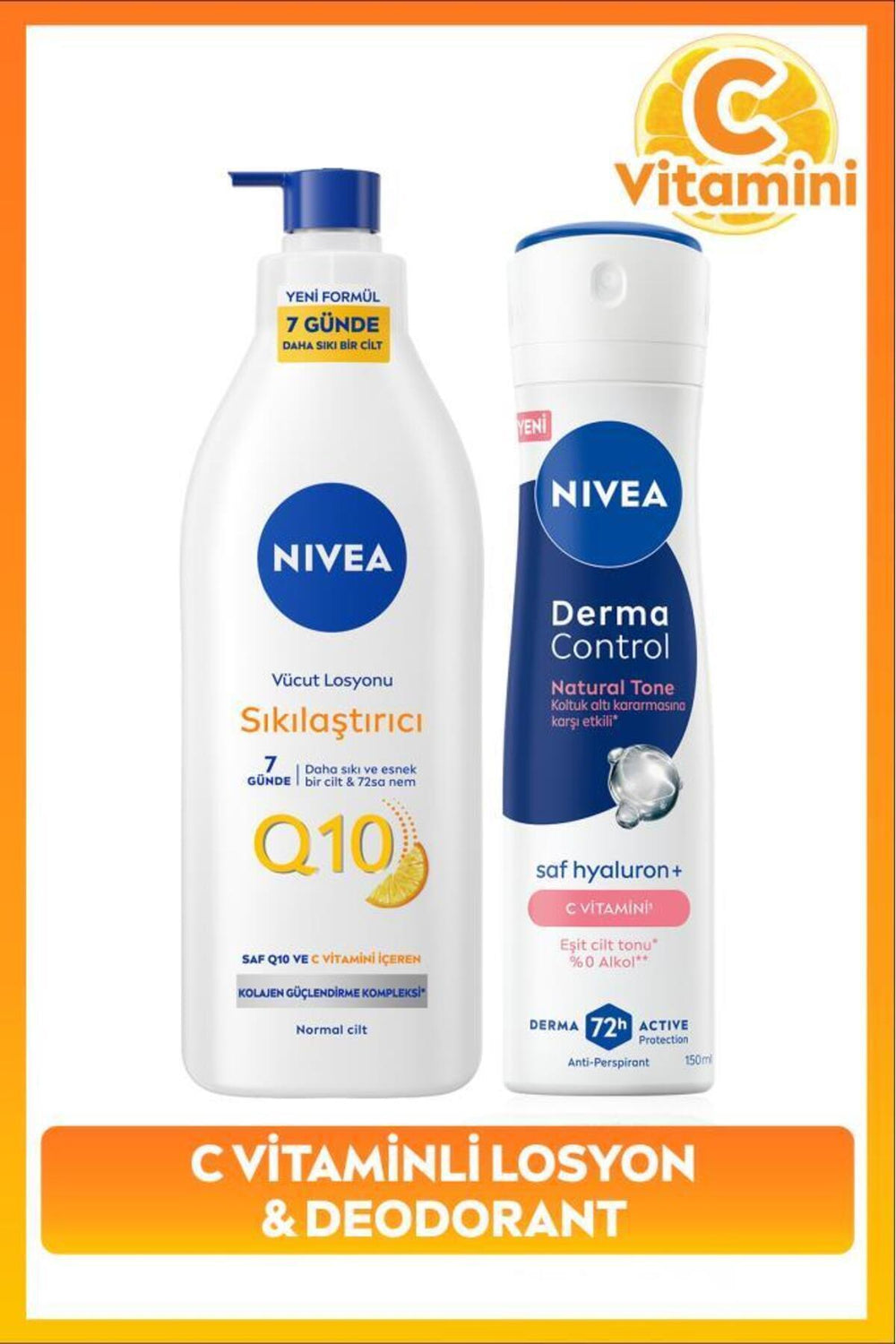 Nivea Women's Spray Deodorant Derma Control Natural Tone 150ml and Q10 Firming Lotion 400ml, Vitamin C