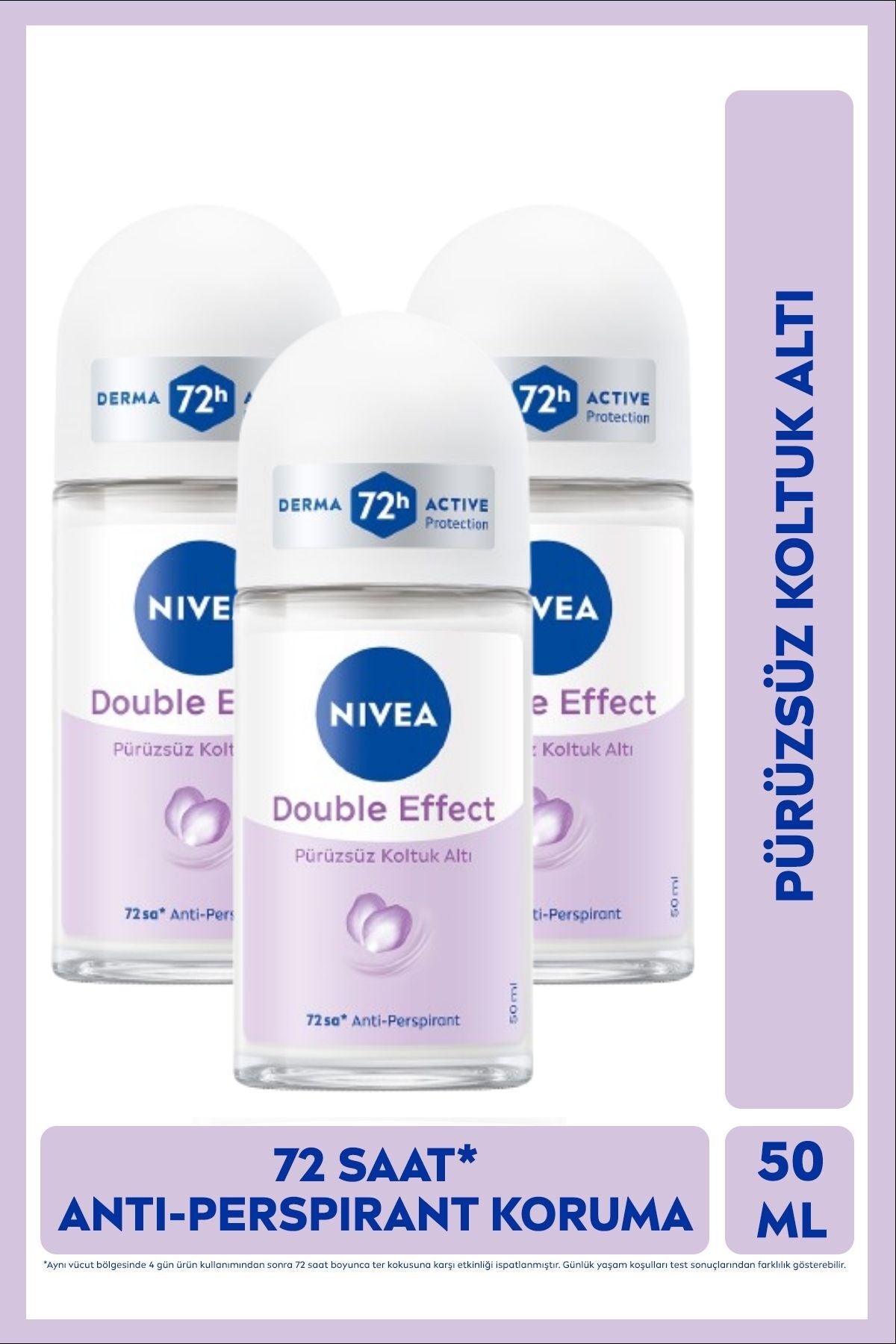 Nivea Women's Roll-on Deodorant Double Effect 50ml, 48 Hour Protection Against Sweat Odor, X3 Pieces