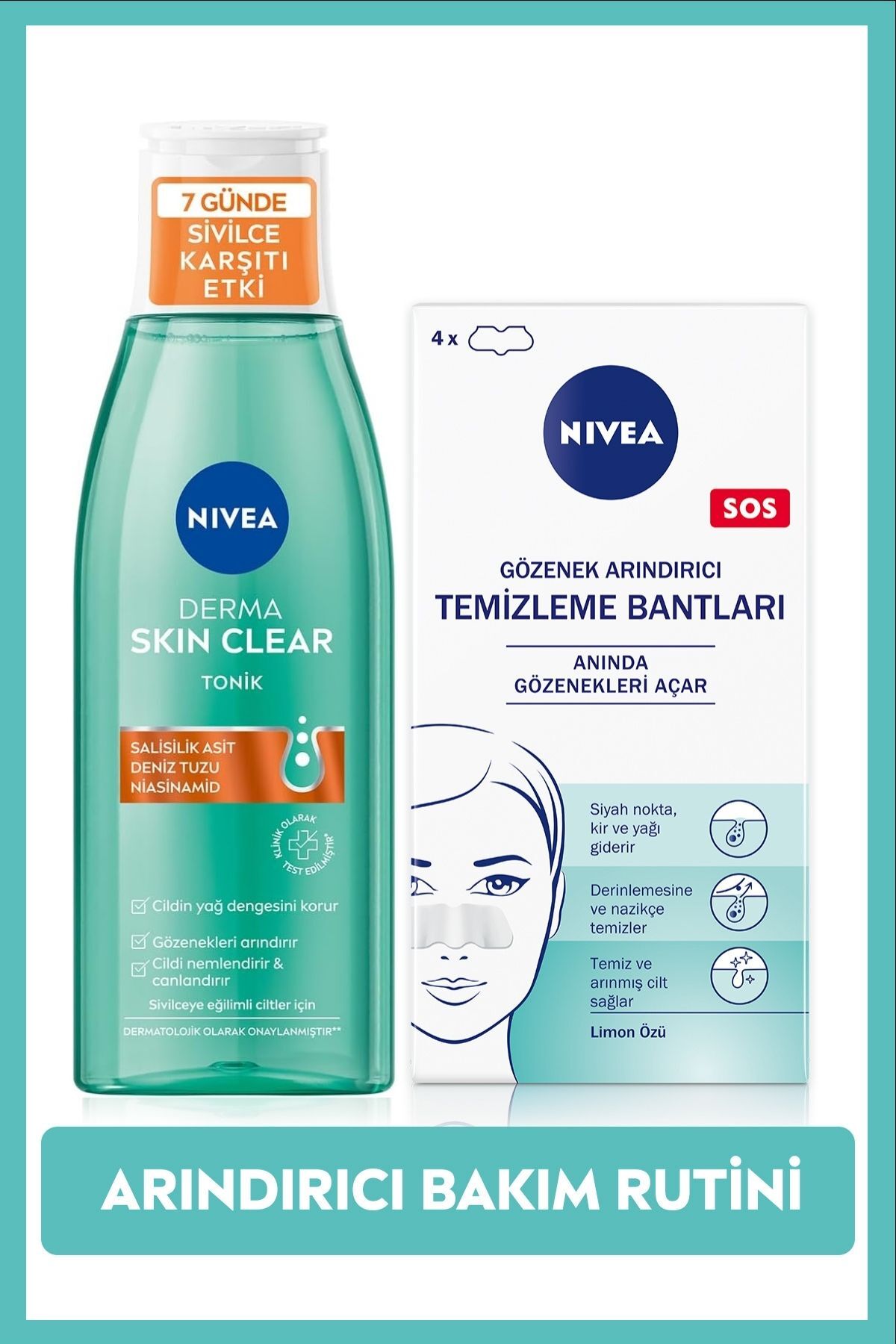 Nivea Anti-Acne Purifying Tonic Derma Skin Clear 200ml and Blackhead Cleaning Nasal Strip Set