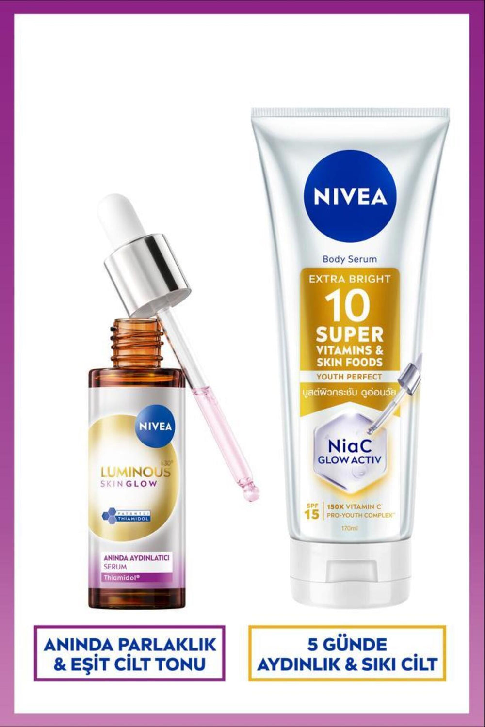 Nivea Luminous630 Skin Glow Brightening Skin Serum 30ml and Super10 Brightening, Moisturizing Lotion 170ml
