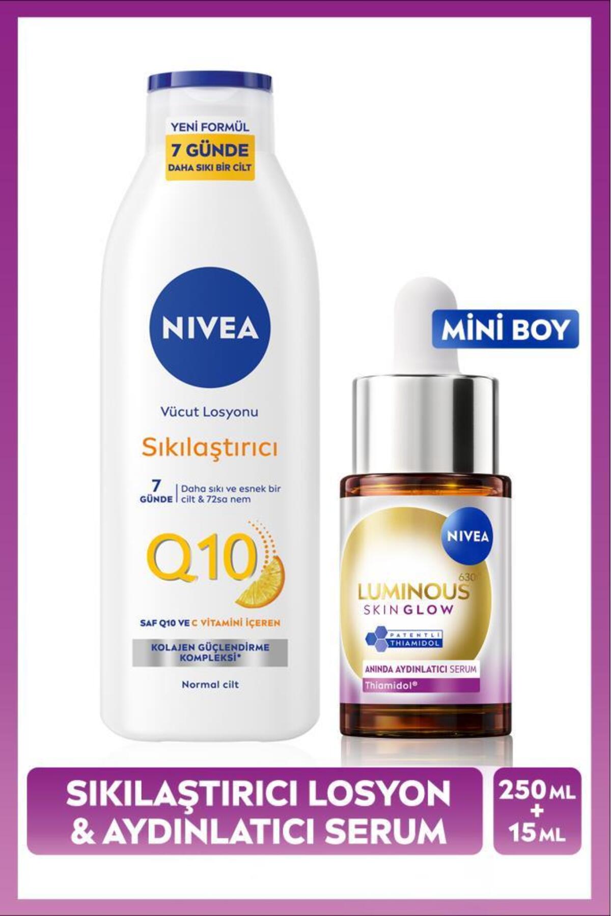 Nivea Luminous630 Skin Glow Instant Brightening Serum 15ml and Q10 Firming Body Lotion 250ml