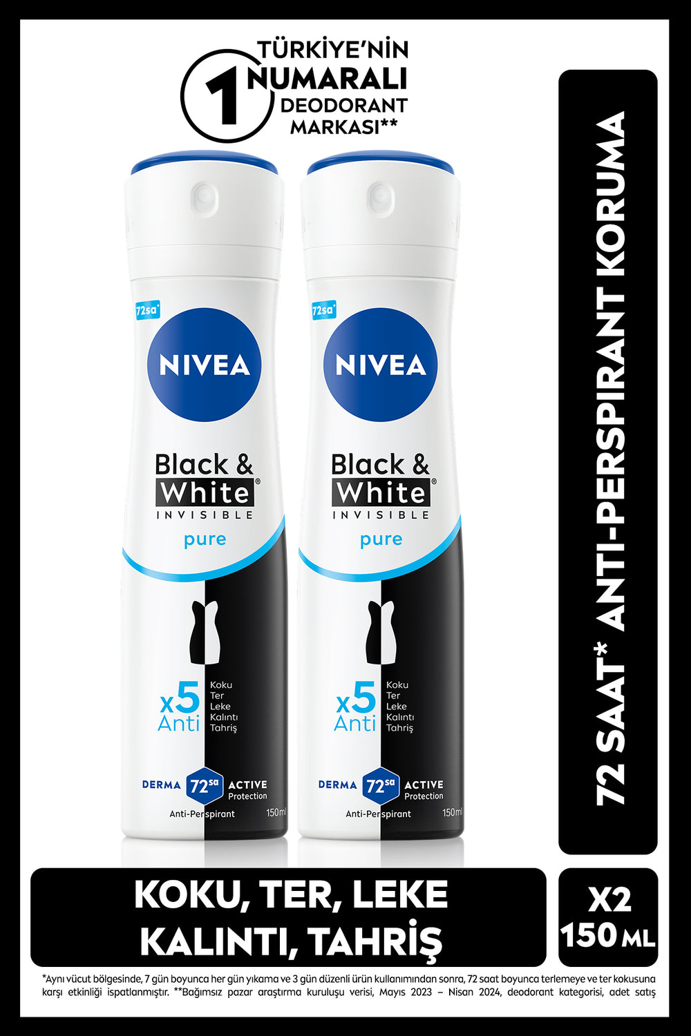 Nivea Women's Spray Dedoroant Black&White Invisible Pure 150 ml, 72 Hours Anti-Perspirant Protection, x2 Pieces