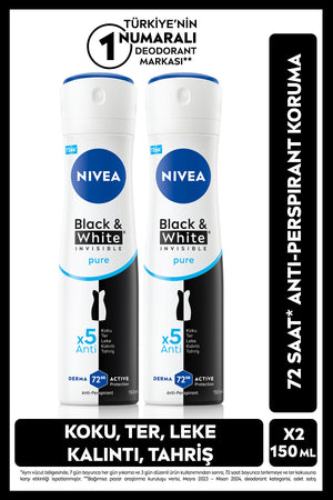 Nivea Women's Spray Dedoroant Black&White Invisible Pure 150 ml, 72 Hours Anti-Perspirant Protection, x2 Pieces