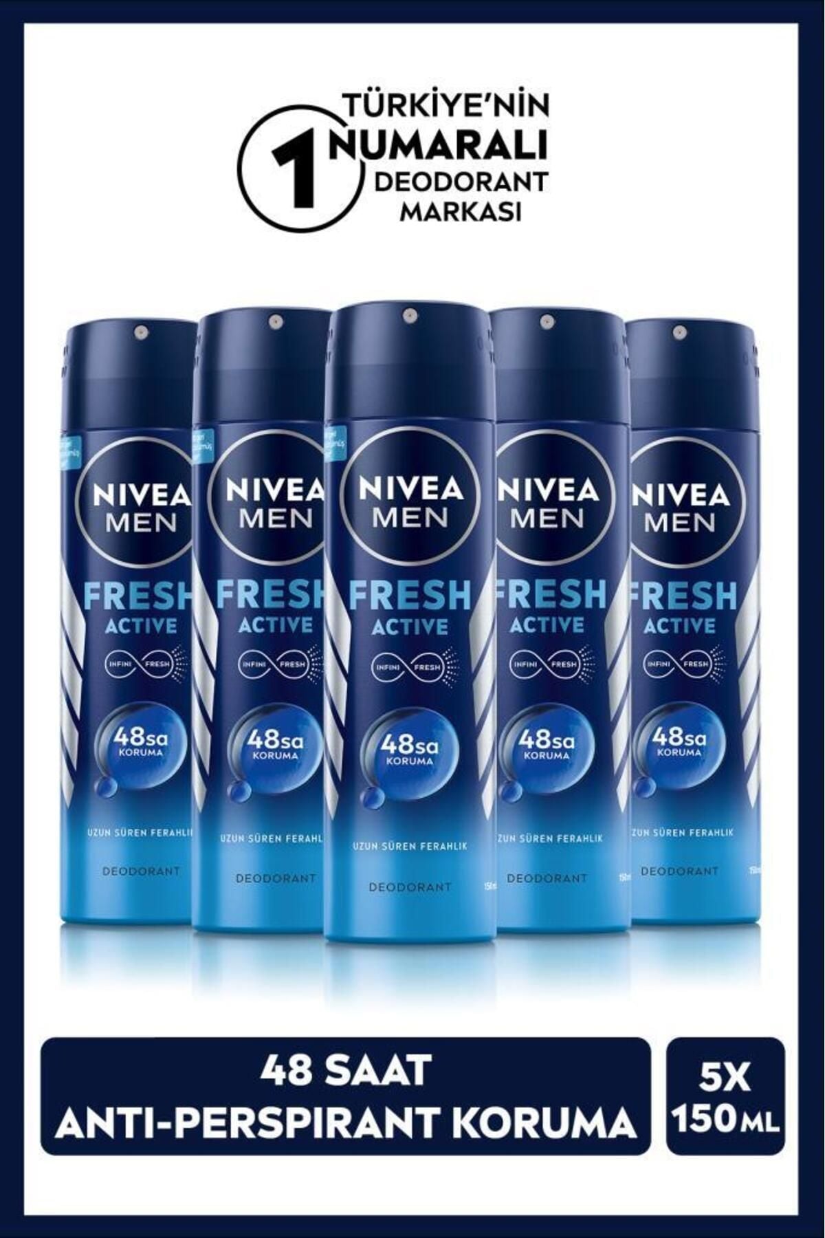 Nivea Men's Spray Deodorant Fresh Active 150 Mlx5pcs, 48 Hours Deodorant Protection