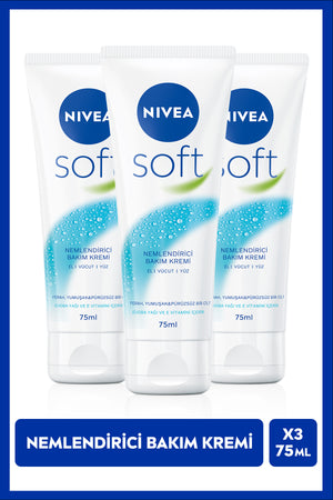 Nivea Soft Moisturizing Care Cream 75ml, Jojoba Oil, Vitamin E, Hand Face Body, Soft Lively Skin, 3 Pieces