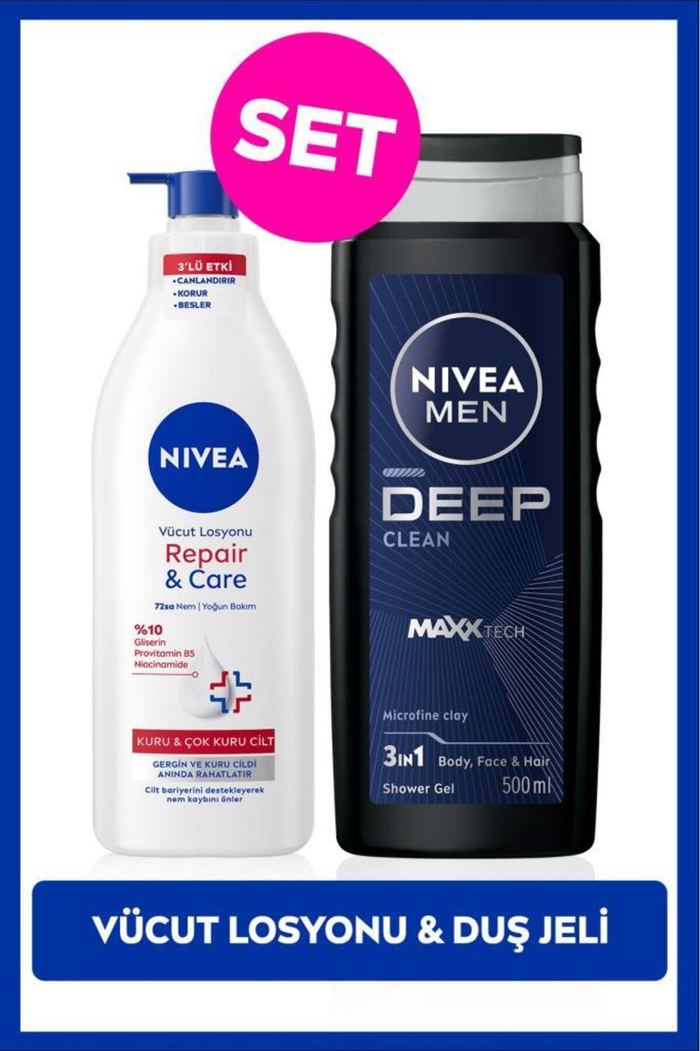 Nivea MEN Men's Deep Dimension Shower Gel 500ml and Repair&Care Moisturizing Body Lotion 400ml, Dry Skin
