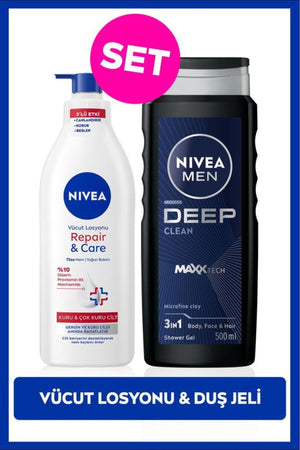 Nivea MEN Men's Deep Dimension Shower Gel 500ml and Repair&Care Moisturizing Body Lotion 400ml, Dry Skin
