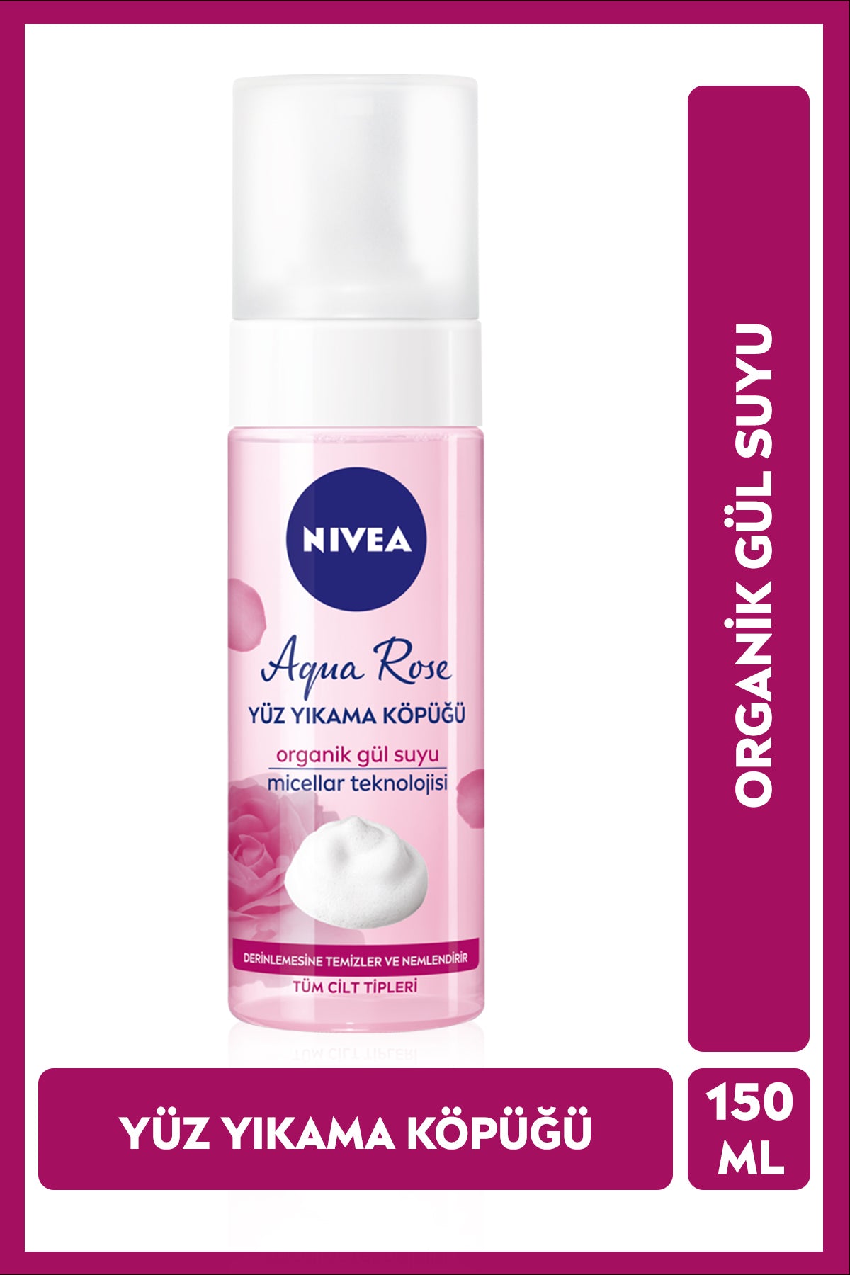 Nivea Aqua Rose Organic Rose Water Containing Face Washing Foam 150ml, Moisturizing, Facial Cleanser, Micellar