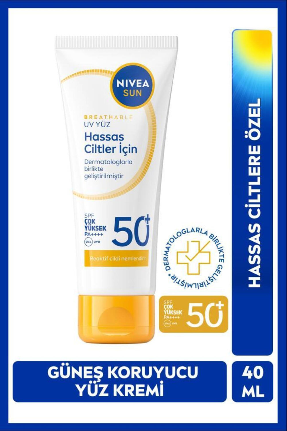Nivea SUN SPF50+Facial Sunscreen 40ml, Special for Sensitive Skin, Moisturizing, Soothing