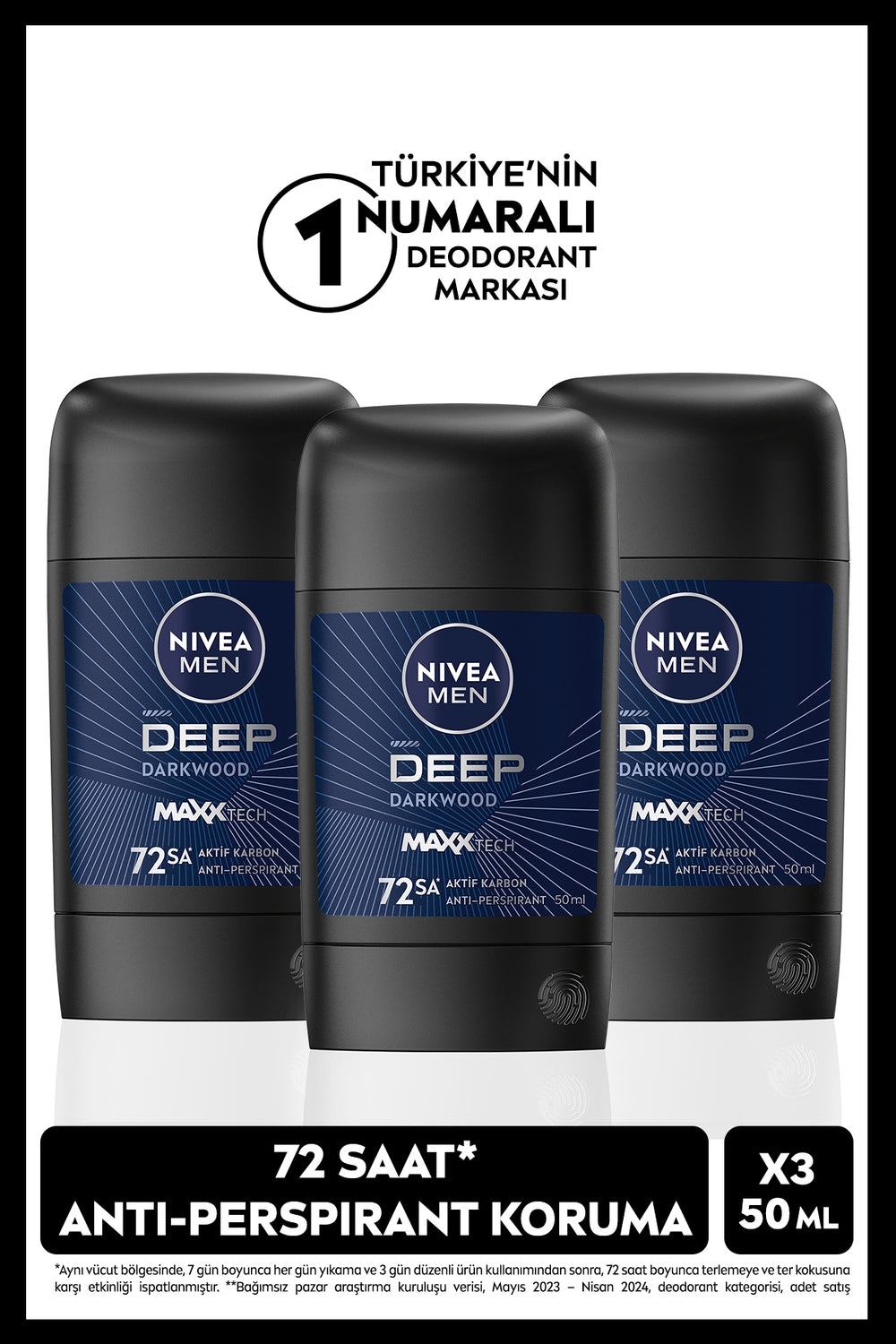Nivea Men's Stick Deodorant Deep Dark Wood 50ml, 48 Hours Protection, X3 Pieces