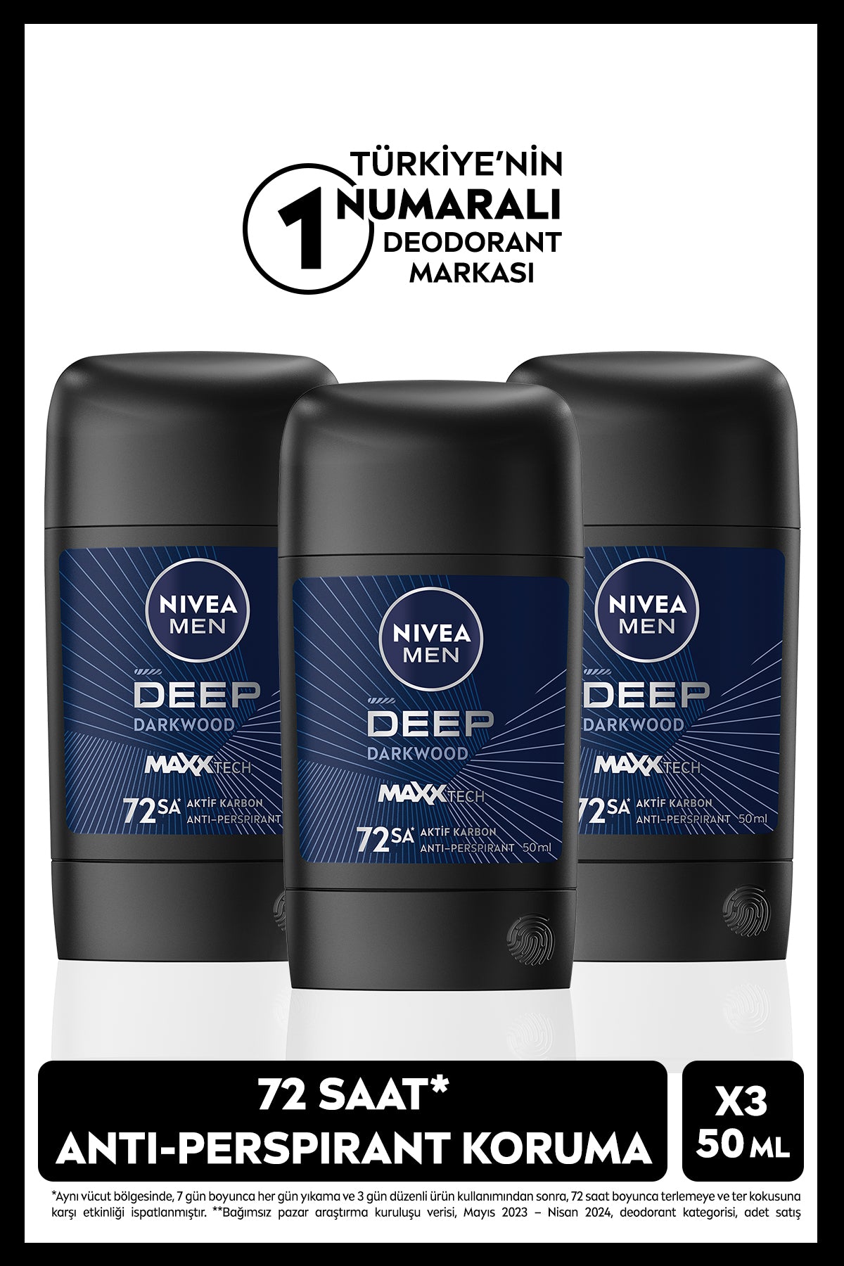Nivea Men's Stick Deodorant Deep Dark Wood 50ml, 48 Hours Protection, X3 Pieces