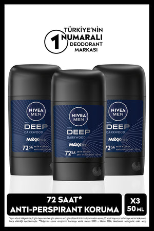 Nivea Men's Stick Deodorant Deep Dark Wood 50ml, 48 Hours Protection, X3 Pieces