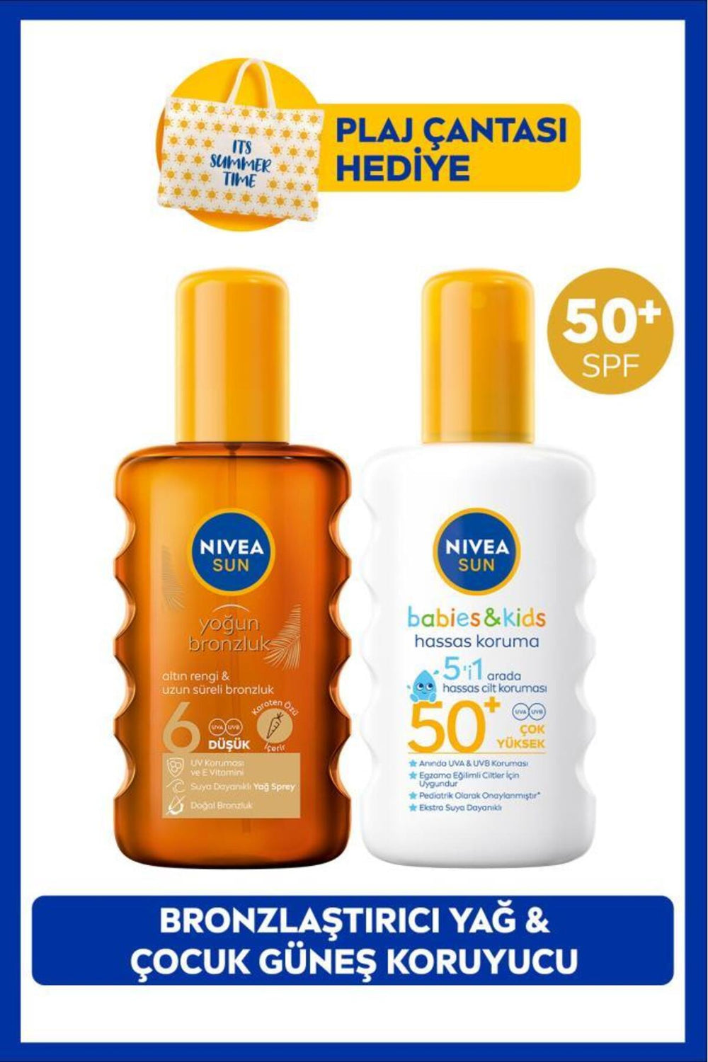 Nivea SUN SPF50 Sensitive Sunscreen Spray 200ml and Bronzing Sun Oil for Kids, Bag Gift